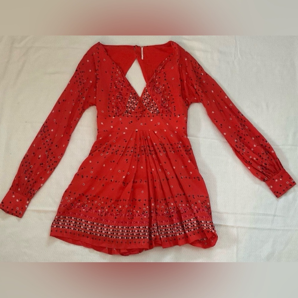Free People Coryn Coral Print Pleated Cut Out Dress Long Sleeve Size 10 - Picture 5 of 9